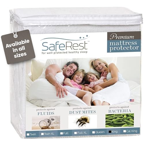 SafeRest 100% Waterproof King Size Mattress Protector - Fitted with Stretchable Pockets - Machine Washable Cotton Mattress Cover for Bed - Perfect Bedding Airbnb Essentials for Hosts - Cotton - King