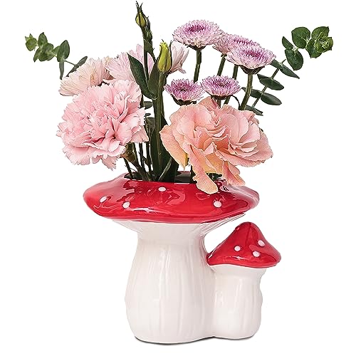Fungi Fun Mushroom Planter - Cute Ceramic Pot for Small Indoor Plants, Unique Boho Cottagecore Decor, Vintage Aesthetic Indoor Flower Vase