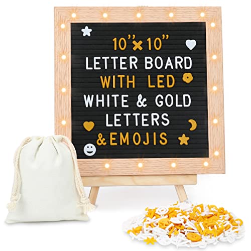 Tuffen Felt Letter Board with LED Lights for Sign Message, Announcement, Wall Decor -10x10 Inches - Changeable Message Board with Stand, 340 White & 170 Gold Letters & Symbols (Black) - Black LED 10x10