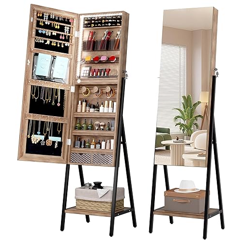 LVSOMT 3 LEDs Mirror Jewelry Cabinet, 60.4" Jewelry Mirror Full Length, Standing Lockable Jewelry Armoire Organizer, Floor Mirror with Storage for Jewelry Cosmetics, Brown - Brown