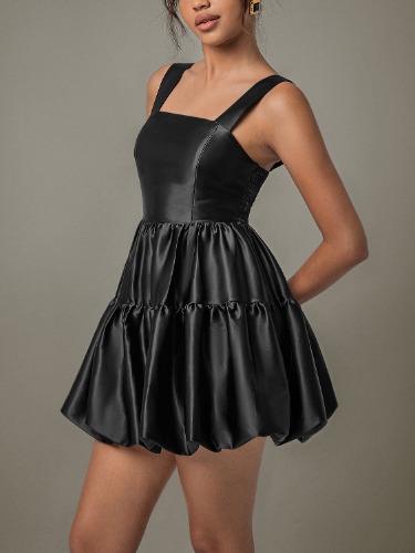 Ruched Square Neck Wide Strap Mini Dress - Black / M