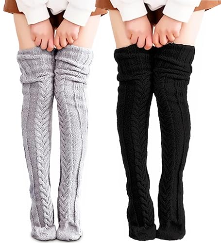 VETHIN Women's Cable Knit Thigh High Socks Over Knee High Long Leg Stockings Extra Long Winter Long Boot Leg Warmers - One Size - 2pcs Grey/Black