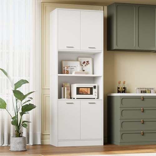 FOTOSOK Kitchen Pantry Cabinet, 71" Tall Cupboard Pantry Cabinet with Doors and Adjustable Shelves, Freestanding Utility Storage Cabinet with Open Countertop, Pantry Cabinets for Kitchen, Dining Room - White