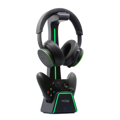 Tilted Nation 3 in 1 Gaming Headset and Controller Stand for PS5 and Xbox Series X Charging Station - Game Controller Holder and Headphone Stand for Desk with Playstation and Xbox Magnetic Charger - Black