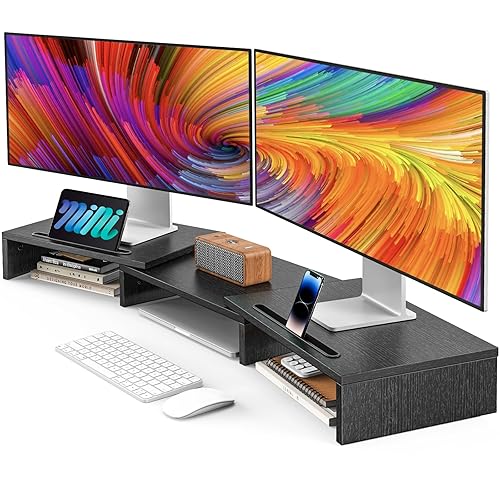 AMERIERGO Dual Monitor Stand Riser for 2 Monitors, Monitor Stand for Desk, Adjustable Computer Monitor Stand with 2 Slot, Multifunctional Desktop Organizer Stand for Laptop, PC, Computer, Printer - Black