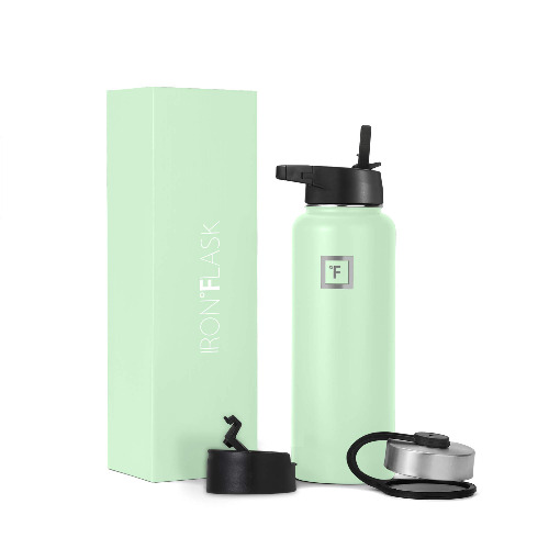 Iron Flask Sports Water Bottle - 40 Oz, 3 Lids (Straw Lid), Leak Proof, Vacuum Insulated Stainless Steel, Double Walled, Thermo Mug, Metal Canteen - 40 Oz Mint