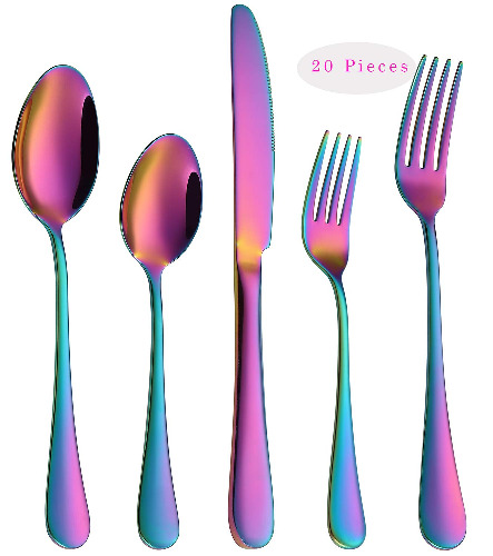 Rainbow Flatware Cutlery Silverware Set 20 Pieces, Stainless Steel Colorful Utensils, Tableware Set Service for 4, Include Knife/Fork/Spoon, Reusable, Mirror Polished, Dishwasher Safe - 20 Pieces - Medium Polished Rainbow/Colorful