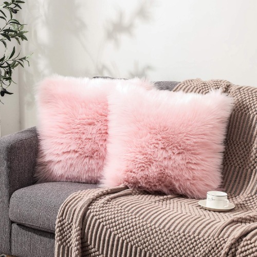 OYIMUA Pink 18'' x 18'' Fluffy Soft Faux Fur Cushion Covers Pack of 2