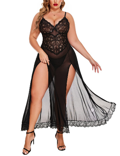 Avidlove Plus Size Lingerie For Women Babydoll Sexy Mesh Maxi Nightdress Strappy Exotic Sleepwear Side Slits - Black 22 Plus