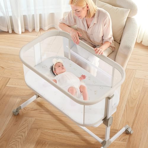 Fodoss Baby Bassinets Bedside Sleeper - All Mesh Bedside Bassinet with Wheels, 7 Height Adjustable Baby Bassinet for Infants, Beige - Beige