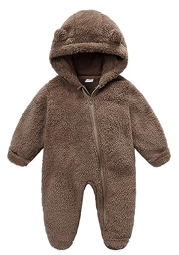 Newborn Baby Hooded Jumpsuit Winter Fleece Footie Snowsuit Toddler Onesies Romper Outwear Outfit 0-18 Month - 0-3 Month - Brown