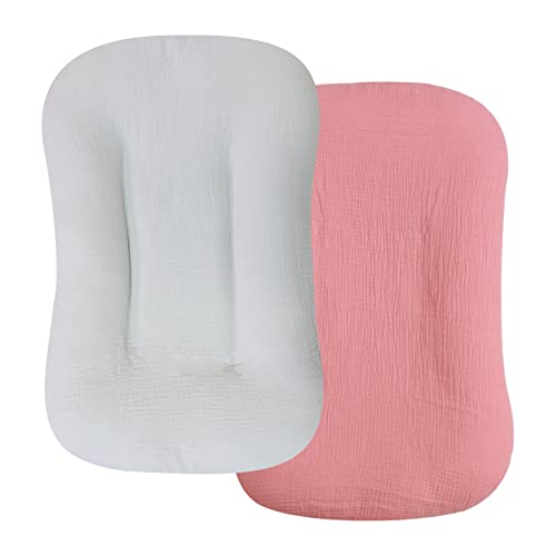 Muslin Baby Lounger Cover 2 Pack, Organic Cotton Removable Slipcover for Newborn,Baby Padded Lounger Infant Floor Seat Cover for Boys Girls (Gray Flesh Pink) - gray&flesh pink