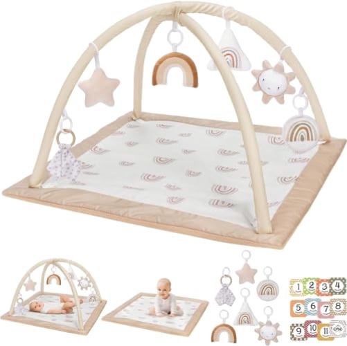 Washable Baby Gym Activity Center with Play Mat, Rainbow Early Development Playmats, 6 Toys for Infant & Toddler, Larger - Square Rainbow