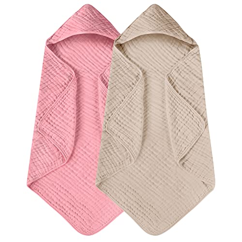 Yoofoss Hooded Baby Towels for Newborn 2 Pack 100% Muslin Cotton Baby Bath Towel Large 32x32Inch (Beige and Bean Paste) - Beige and Bean Paste - 32x32In (2 Pack)