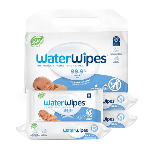 WaterWipes Plastic-Free Original Baby Wipes, 99.9% Water Based Wipes, Unscented & Hypoallergenic for Sensitive Skin, 240 Count (4 packs), Packaging May Vary - 60 count (Pack of 4)