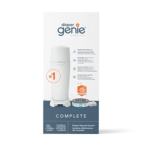 Diaper Genie Complete Diaper Pail System, White - AMAZON EXCLUSIVE - includes 4 Carbon Filters and 1 refill - White - ‎69.8 x 31.3 x 24.3 cm - Complete with 1 refill and 4 Carbon Filters