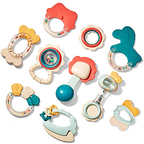 hahaland Baby Teething Toys for Babies, Infant Newborn Baby Toys 0-3 3-6 Months, Silicone Baby Teether Rattle Toys for Baby, Baby Shower Gifts for Newborn Boys Girls, 10 Pcs with Storage Box for 0 Months+ - Sytle A