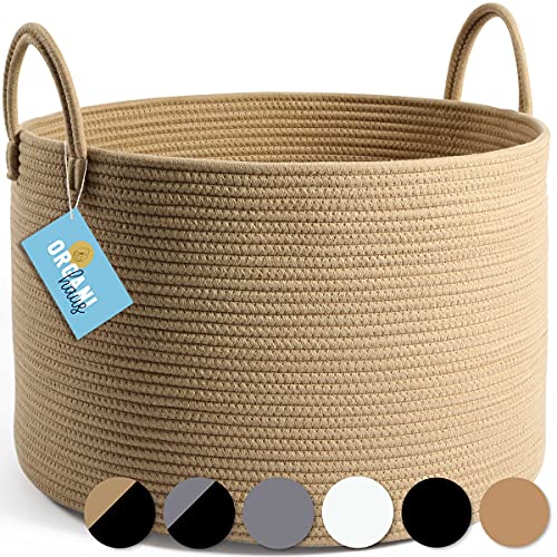 OrganiHaus Boho Basket for Blankets for Living Room | Large Woven Basket for Storage | Towel Basket & Blanket Basket - Honey (15x18) - Wide (20"x13") Full Honey