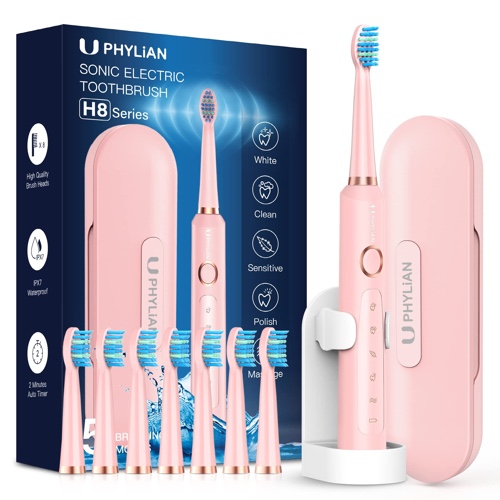 PHYLIAN Sonic Electric Toothbrush for Adults and Women - Rechargeable with 8 Brush Heads, Travel Case, 3 Hours Fast Charge for 60 Days - Pink, 1 Count (Pack of 1) - Pink 1 Count (Pack of 1)