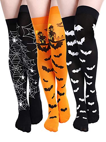 Boao Halloween Knee High Socks for Women Thigh High Long Over Knee Spider Bat Stockings Cosplay Halloween Costume Decoration - Medium - Color Set 1
