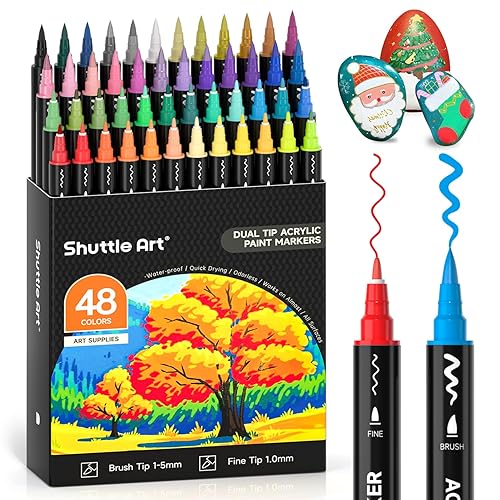Shuttle Art 48 Colors Dual Tip Acrylic Paint Markers, Brush Tip and Fine Tip Acrylic Paint Pens for Rock Painting, Ceramic, Wood, Canvas, Plastic, Glass, Stone, Calligraphy, Card Making, DIY Crafts - 48 Colors Brush Tip & Dot Tip