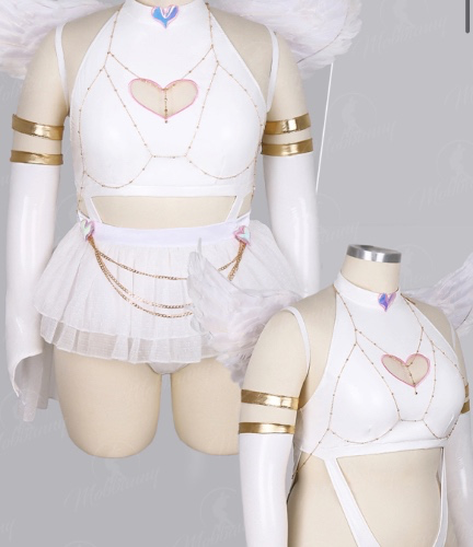 Plus Size Panty Derivative Sexy Lingerie Set Hollow Halter Bodysuit and Mini Skirt with Wings Sleeves Cosplay Costume