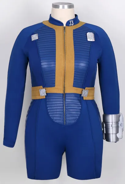Plus Size Fallout Cosplay Costume Vault 33 Suit Blue Jumpsuit and Belt with Brooch