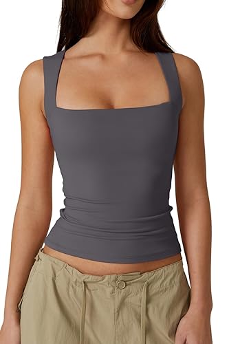 QINSEN Women's Square Neck Sleeveless Double-Layer Tank Tops Basic Tight T Shirts - X-Small - Dark Grey