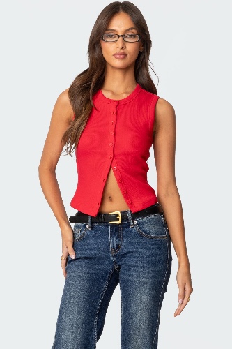 Basel Button Up Tank Top | RED / XS