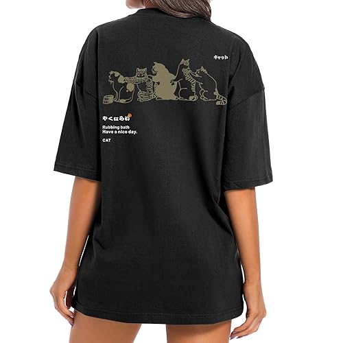 Cayxatiu Cute Cat Graphic Tees for Women Harajuku Shirt Letter Printed Oversized T Shirts Aesthetic Casual Baggy Tshirts… - Large - Black