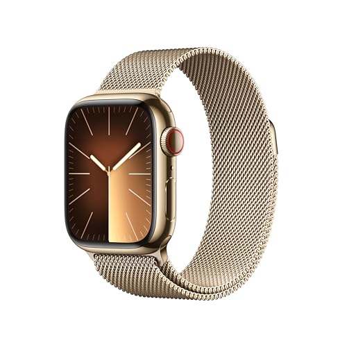 Apple Watch Series 9 GPS + Cellular, Boîtier en Acier Inoxydable Or de 41 mm, Bracelet Milanais Or - GPS + Cellular - Acier inoxydable : Or - 41 mm - Convient aux poignets de 130 à 180 mm