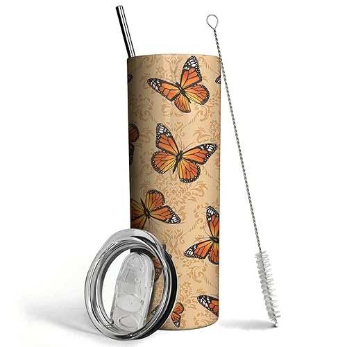 Mofvugz Butterfly Tumbler with Lid and Straw, Butterfly Gifts for Women, Butterfly Cup Water Bottle Coffee Mug, Stainless Steel Thermal Insulated Tumblers 20 Oz, Butterfly Decor Stuff, Vintage Style