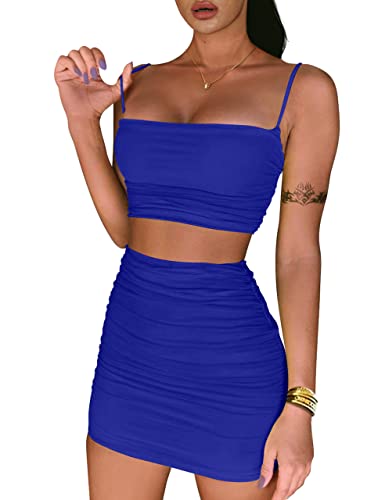 BEAGIMEG Women's Ruched Cami Crop Top Bodycon Skirt 2 Piece Outfits Dress - X-Small - Royal Blue