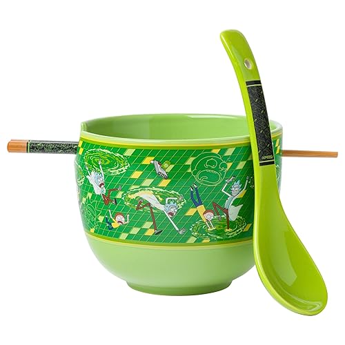 Silver Buffalo Rick and Morty Floating Portal Ceramic Ramen Noodle Rice Bowl with Chopsticks and Spoon, Microwave Safe, 20 Ounces - Rick and Morty Portal Spoon
