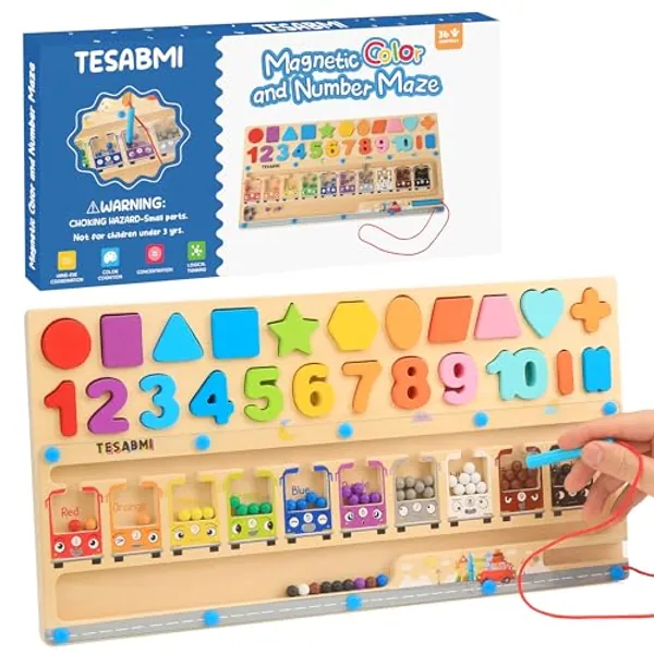 TeSabMi Magnetic Color and Number Maze, Montessori Toys for 3+ Year Old, Wooden Color Matching Counting Puzzle Board, Toddler Fine Motor Skills Toys for Kids, Gifts for Boys Girls 3 4 5 Years Old