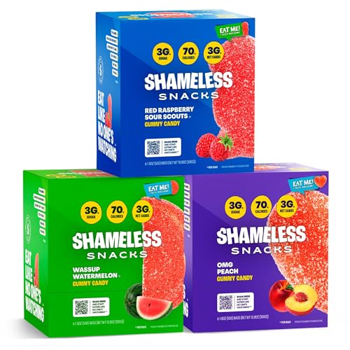Shameless Snacks Fan Favorites Bundle Healthy Low Carb Keto Gummies Red Raspberry, Watermelon and Sour Peach - Fan Favorites