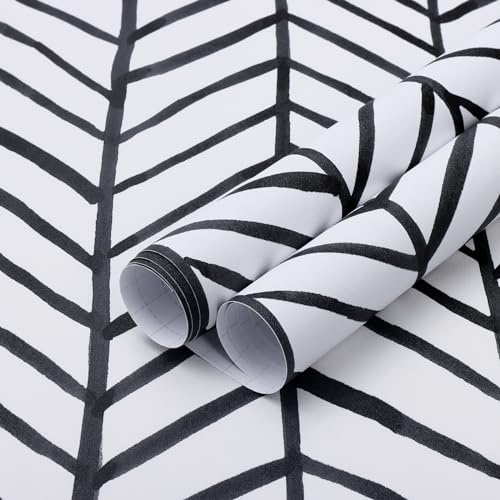 DRHWEFSQ Black and White Peel and Stick Wallpaper 17.7'' x 472'' Geometric Wallpaper Modern Herringbone Stripe Self-Adhesive Wallpaper Waterproof Vinyl Film for Wall Covering Furniture Renovation - 17.7inx472in=58.1sq.ft - Black
