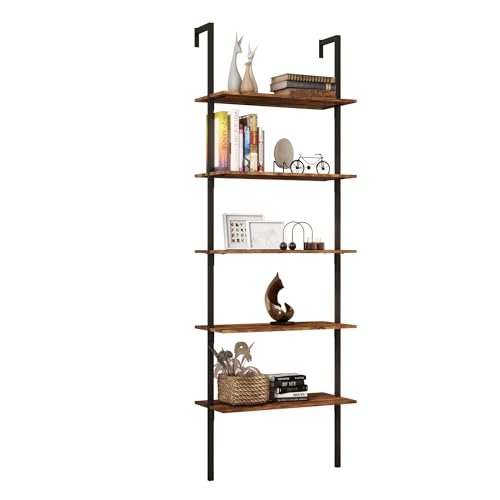 Panana Industrial 5 Tier Ladder Shelf, Open Space Book Shelf Wall Mount Bookshelf with Metal Frame Sturdy Bookcase for Living Room (Brown, 5 Tier) - 5 Tier - Brown