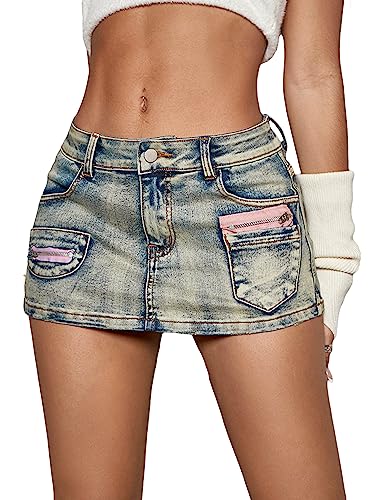 SOLY HUX Women's Y2k Skirt Low Rise Mini Bodycon Cargo Denim Jean Skirt with Pocket - Medium - Plain Light Blue