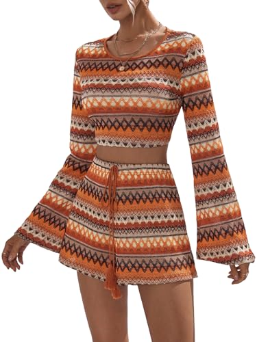 Verdusa Women's 2 Piece Outfits Boho Geo Print Long Sleeve Crop Tee and Tassel Tied Shorts Set - Small - Multicolor