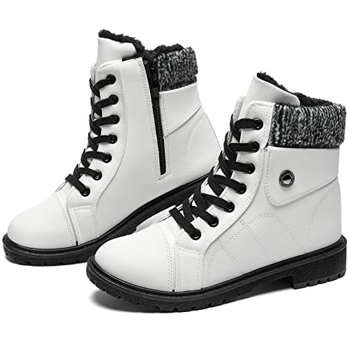 FRACORA Women's PU Leather Combat Boots Warm Fur Lined Black Ankle Booties Side Zipper White Boots Non-slip Winter Boots - 8 - White