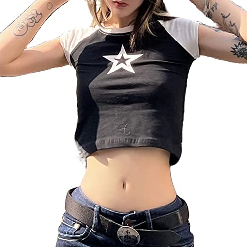 Womens Teen E Girls Y2k Vintage Aesthetic Star Graphic Print Crop Tops Fairy Grunge Baby Tees Shirt Clothes - Small - Q-black White Sleeve Star