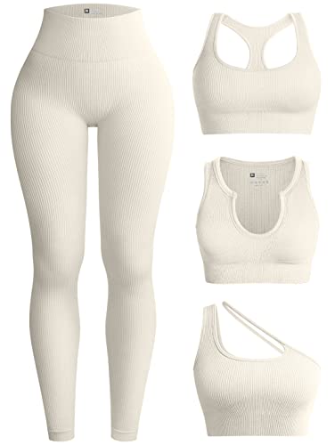 OQQ Womens 4 Piece Workout Outfits Ribbed Yoga High Waist Leggings with 3 Piece Crop Tops with Sports Bra Exercise Set - Beige1 - Medium