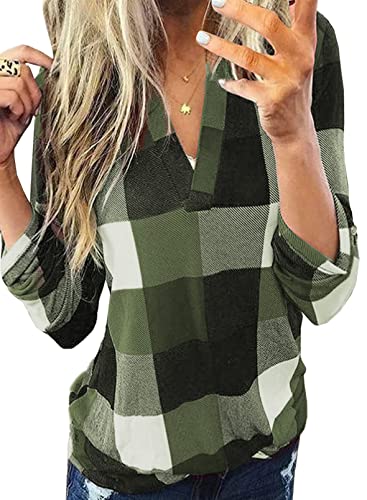 Dokotoo Womens Basic Casual V Neck Plaid Print Cotton Cuffed Long Sleeve Work Tops Blouses Shirts S-5XL - Medium - Green 2