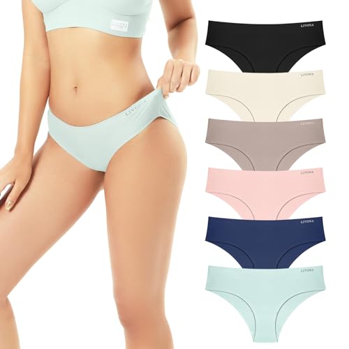 Livona 6 Pack Seamless Womens Underwear - High Cut Cheeky Bikini Bottoms, No Show Panties for Women, Soft Hipster S-XXL - Medium - Linen/Salted Sea/Taupe/Blush Shores/Quiet Zen/Black