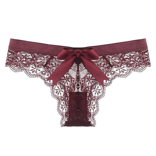 KUAOPATA Women's Lace Bow Thongs T Back Low Waist Breathable Panties Sexy Seamless V-Shape Design Floral Lace tangas - Medium - Burgundy