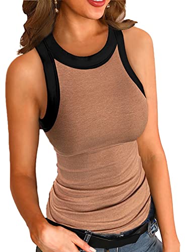 Women Summer Stretch Slim Round Neck Ribbed Tank Basic Solid Top - Brown With Black - Medium