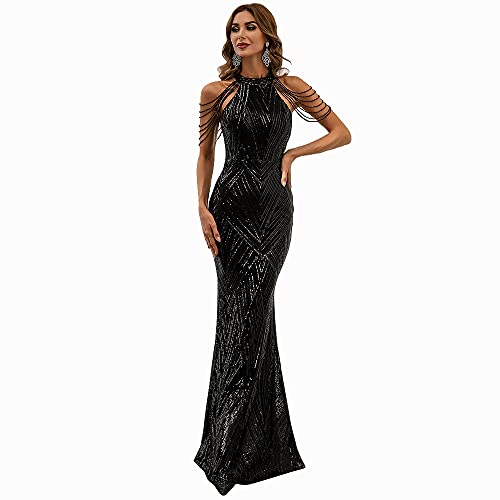 Miss ord Women's Formal Halter Sequin Tassel Bodycon Maxi Prom Dress, Elegant Mermaid Evening Gown - Black Small