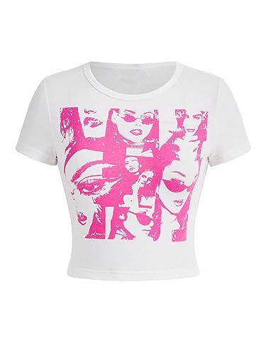 SOLY HUX Women's Graphic Tees Summer Figure Print Short Sleeve T Shirts Crop Top - Small - Pink Figure