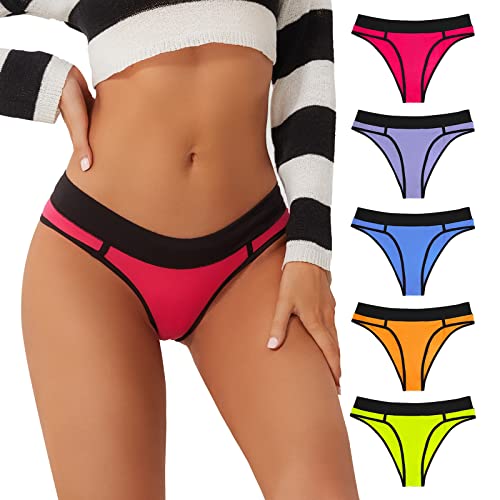 BAJAOEY Cheeky Underwear for Women, Womens Underwear Cotton, Pop Vivid Color Soft Bikinis Panties for Young Ladies 5 Pack - Medium - B-5pack